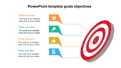 Slide with a target graphic and four goals, each linked to icons of different colors with caption areas and a title text.