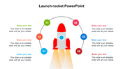 Rocket launch infographic showing six sequential steps in a circular arrangement, each with caption areas.