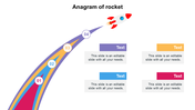 Rocket launch slide with four numbered paths in red, blue, orange, and purple, each with matching text boxes.