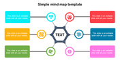 Hexagonal simple mind map with six connected colored icons and text boxes on each side.