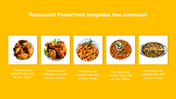 A restaurant slide featuring five images of various dishes, with  text placeholders below each image.