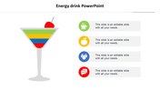 Energy drink slide featuring a layered cocktail glass and icons for coffee, apple, water, and chat symbol with text area.