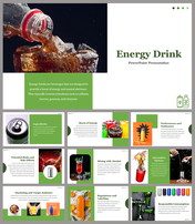 Slide pack featuring various images of drinks and text on ingredients, risks, and marketing with green accents.