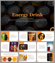 Energy drink slide deck featuring orange accents, drink images, beverage cans, and text sections, on a dark background.