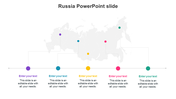 Russia map with five colored dots linked to labeled sections below for text in purple, blue, yellow, pink, and green.