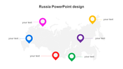 Russia map design with six vibrant location markers in various colors, each paired with placeholder text areas.