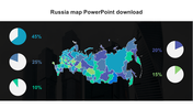 Color coded Russia map with percentages and pie charts indicating regional data, against a dark cityscape background.