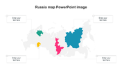 Russia map with highlighted regions in teal, pink, yellow, and green, linked to text boxes for additional information.