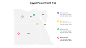 Gray outline map of Egypt with four colorful markers indicating key locations, each linked to corresponding captions.