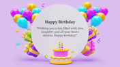 Colorful birthday slide with a festive cake, balloons, and wrapped presents, featuring a message on a violet backdrop.