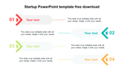 Startups with four numbered steps in colorful arrows and placeholder text areas beside each step.