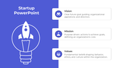 Startup PowerPoint template featuring a rocket symbol for growth, with sections for Vision, Mission, and Values.