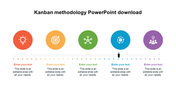 Kanban methodology graphic with five icons in colored circles connected by a horizontal dotted line.