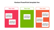 Kanban PowerPoint slide featuring three color coded columns for task management with text sections.