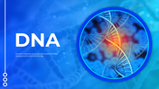 Slide deck with a blue color scheme, featuring 3D visuals and contents covering DNA related topics.