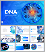 Slide deck with a blue color scheme, featuring 3D visuals and contents covering DNA related topics.