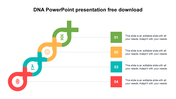 Colorful DNA themed slide featuring a four step process with icons and space for captions on the right.