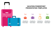 Vacation-themed slide featuring pink and blue luggage with colorful icons and with placeholder text areas.