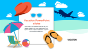 Vaccation slide with beach elements like a hat, flip-flops, and beach ball, with a flying plane and blue sky backdrop.