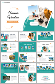 Summer vacation slides featuring travel themes, images, icons, and captions with teal and white backdrop.