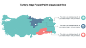 Colorful turkey map side with distinct color zones and markers for specific locations with icons and placeholder text.