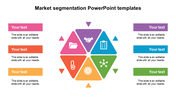 Market segmentation slide with colorful triangles and icons in the center, surrounded by text boxes.