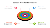 Isometric PowerPoint template featuring a layered circular diagram with four labeled text boxes connected by lines.