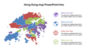 Colorful map of Hong Kong with text placeholders on the right with icons on a white background.