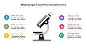 Microscope graphic at center, with colored circular icons for science topics and set with placeholder text.