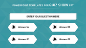 A slide for quiz show with a question area, four answers arranged in grid  each with sun icon in a teal geometric background.