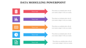 Data modeling diagram with icons for databases, charts, and documents alongside five labeled arrows in vibrant colors.