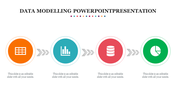 Data modeling PowerPoint template illustrating the process from table to graph, database, and pie chart with captions.