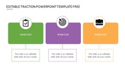 Traction slide with three colorful sections in green, purple, and orange, each with icons and text placeholders.