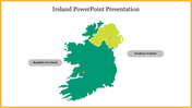 Map of Ireland with highlighted regions in green and yellow with gray pointers on a white background.