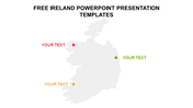 Map of Ireland with three colored markers in pink, green, and orange, each connected to placeholders text.