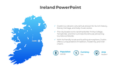 Infographic showcasing Ireland detailing dublin's population, currency, and area alongside a blue map.