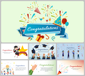 Congratulations-themed slide with various celebratory illustrations across multiple slides with a title and text description.