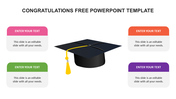 Congratulations slide with a graduation cap graphic and four placeholder text areas in distinct colors.