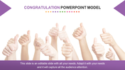 Congratulation PowerPoint model slide featuring multiple hands giving thumbs up with a purple header and footer.