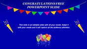 Blue-themed congratulations slide featuring festive bunting, balloons, and confetti, with text in the center.