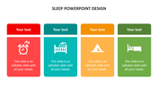 Four panel layout with sleep related icons in red, teal, orange, and green, each with text areas.