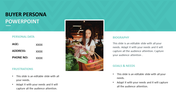 Buyer persona slide with photo of a women buying, personal data, biography, and goals, set on a teal and white background.