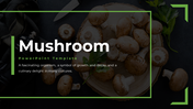 Slide deck showing the images of mushrooms, cultivation, species and their uses on a green and white color scheme.