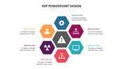 ERP design with central alert icon, surrounded by six colored hexagons featuring gear, person, and computer icons.