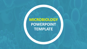 Blue background with blurred microbe backdrop and a white circle in the center, displaying text for a microbiology template.