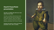 Slide with a green text section and a historical painting of a dwarf in ornate clothing holding a baton on the right.