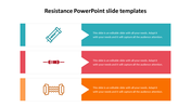 Three horizontal colored blocks with resistance symbols and corresponding text areas in blue, red, and orange.