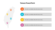 Map of Taiwan with four colored location markers and corresponding labels A, B, C, and D, each with placeholder text.