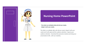 Illustration of a nurse standing beside a purple door on the left, with text in a purple box on the right.