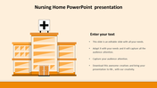 Illustration of a nursing home building in orange shades, with a cross symbol, alongside text areas on a beige background.